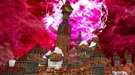 Dread Delusion – Bir saat kulesi şehrin ortasından kızıl gökyüzüne doğru yükseliyor.