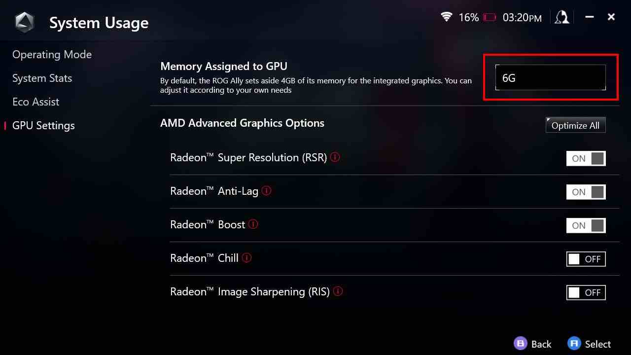 GPU 6G'ye Atanan ROG Ally Bellek