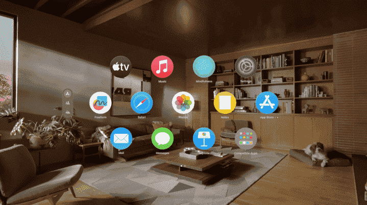 Apple Vision Pro ana ekranı kayan uygulamaları gösteriyor.