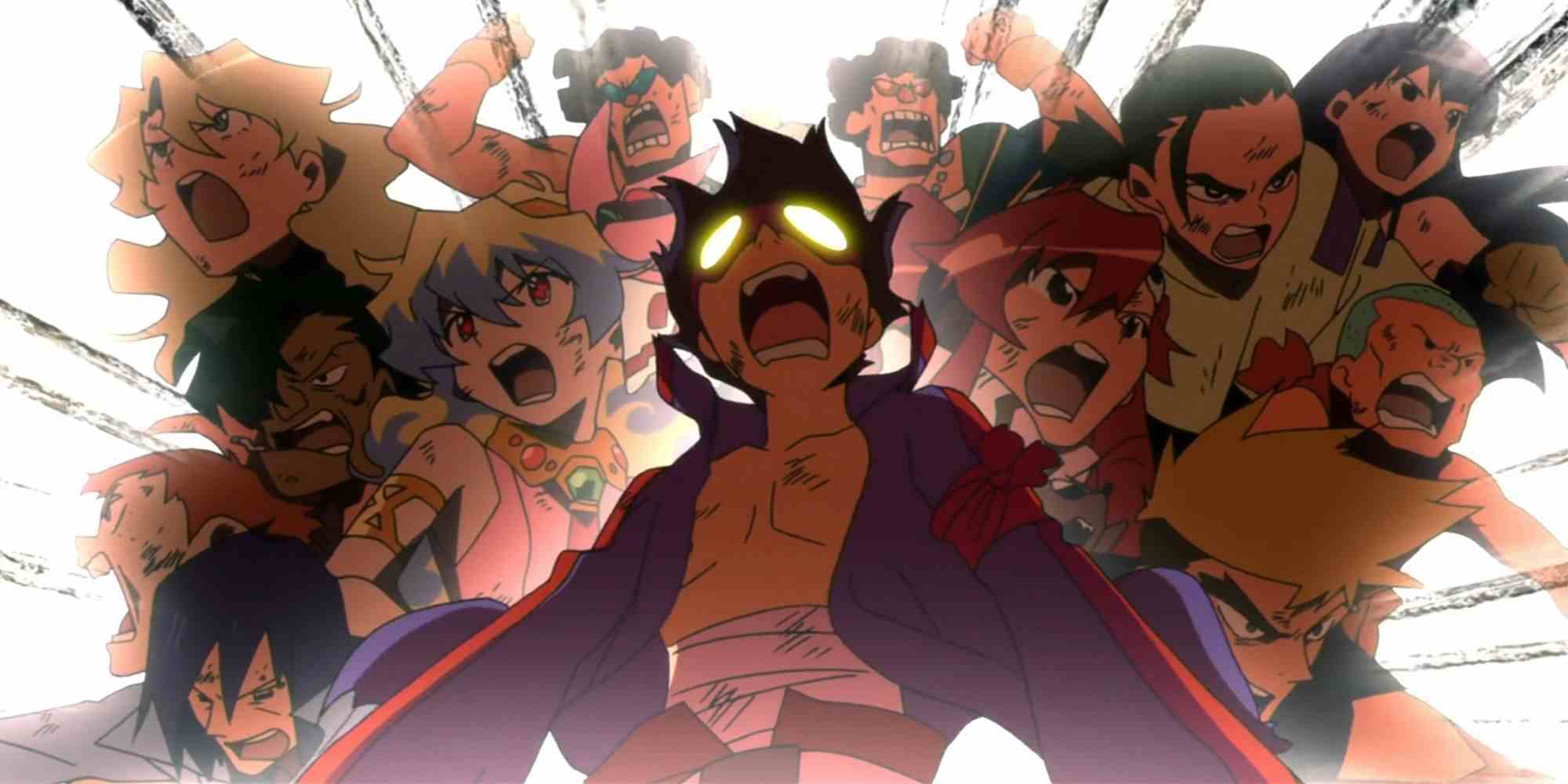 Gurren Lagann Film 1 Dai Gurren Takımı beyaz bir arka planda birlikte dururken bağırıyor.