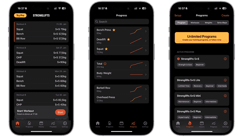 Stronglifts'in ekran görüntüleri