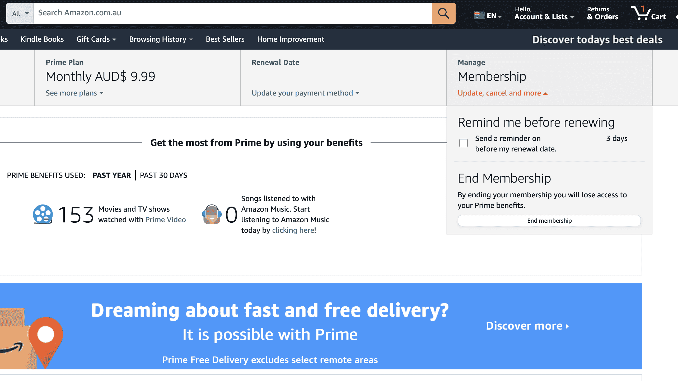 Amazon Manage abonelik sayfasının ekran görüntüsü