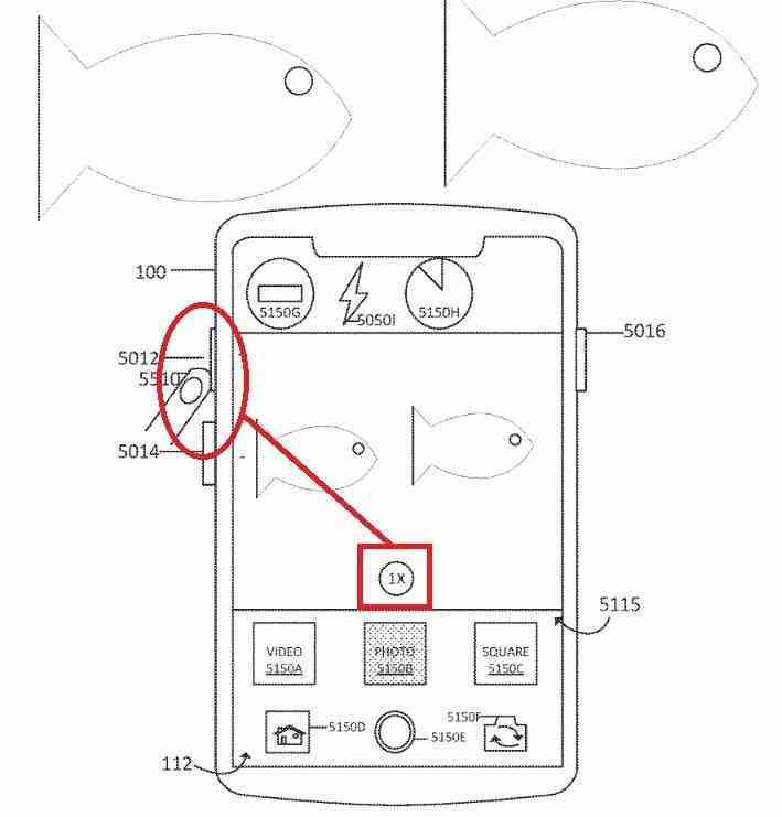 Patentteki çizim, su altı iPhone'da kameranın ses düğmesini kullanarak nasıl yakınlaştırabildiğini gösteriyor - Geçen hafta Apple'a verilen patent, su geçirmez bir iPhone'un üzerinde çalışıldığını gösteriyor