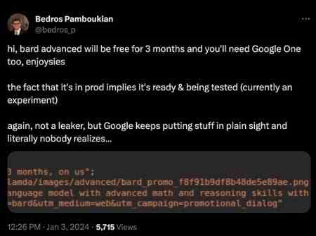 Kaynak - Bedros Pamboukian |  X - Google, Gemini Ultra tarafından desteklenen yeni sohbet robotu Bard Advanced için ücret alabilir