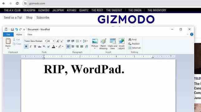 WordPad'in ekran görüntüsü "RIP, WordPad" içine yazdı.