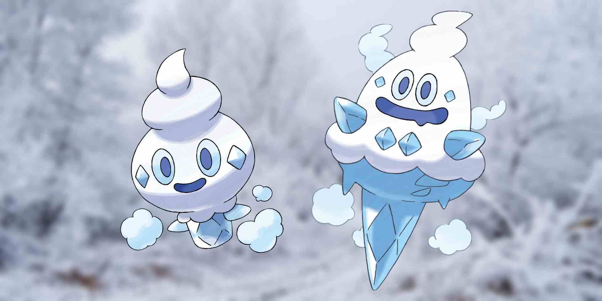 Bulanık buzlu bir ormanın önünde Pokémon Vanillite ve Vanillish.