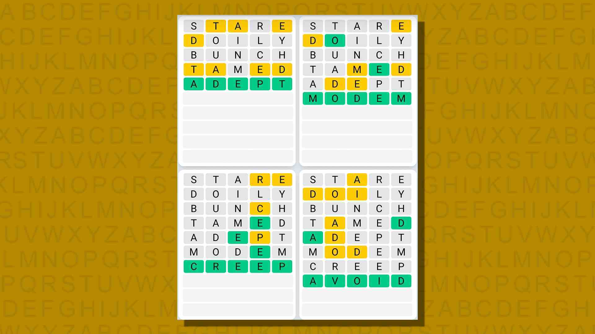 Sarı arka planda 744 numaralı oyunun Quordle günlük dizisi yanıtları