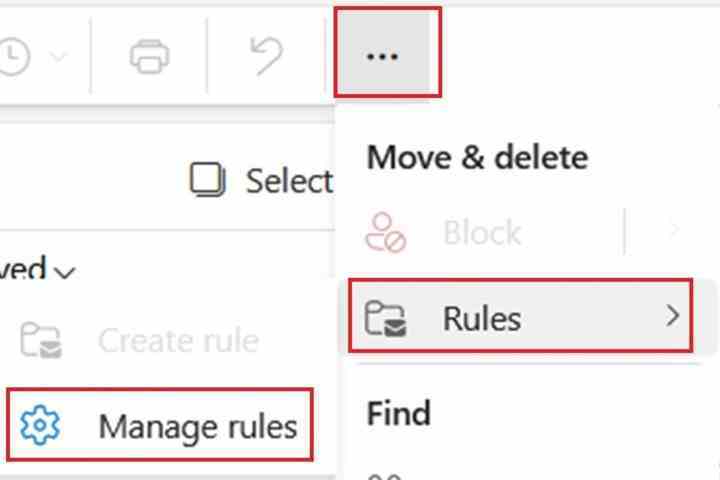 Web üzerinde Outlook'ta Kuralları Yönet seçeneğini seçme.