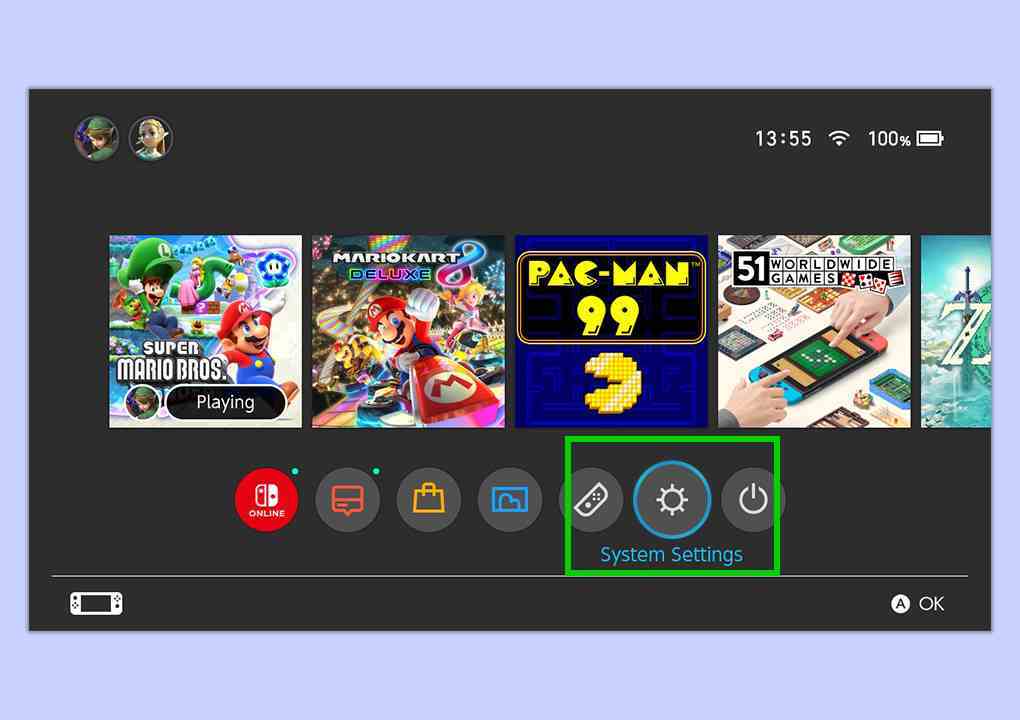 Ayarlar simgesinin vurgulandığı bir Nintendo Switch ana ekranının ekran görüntüsü.