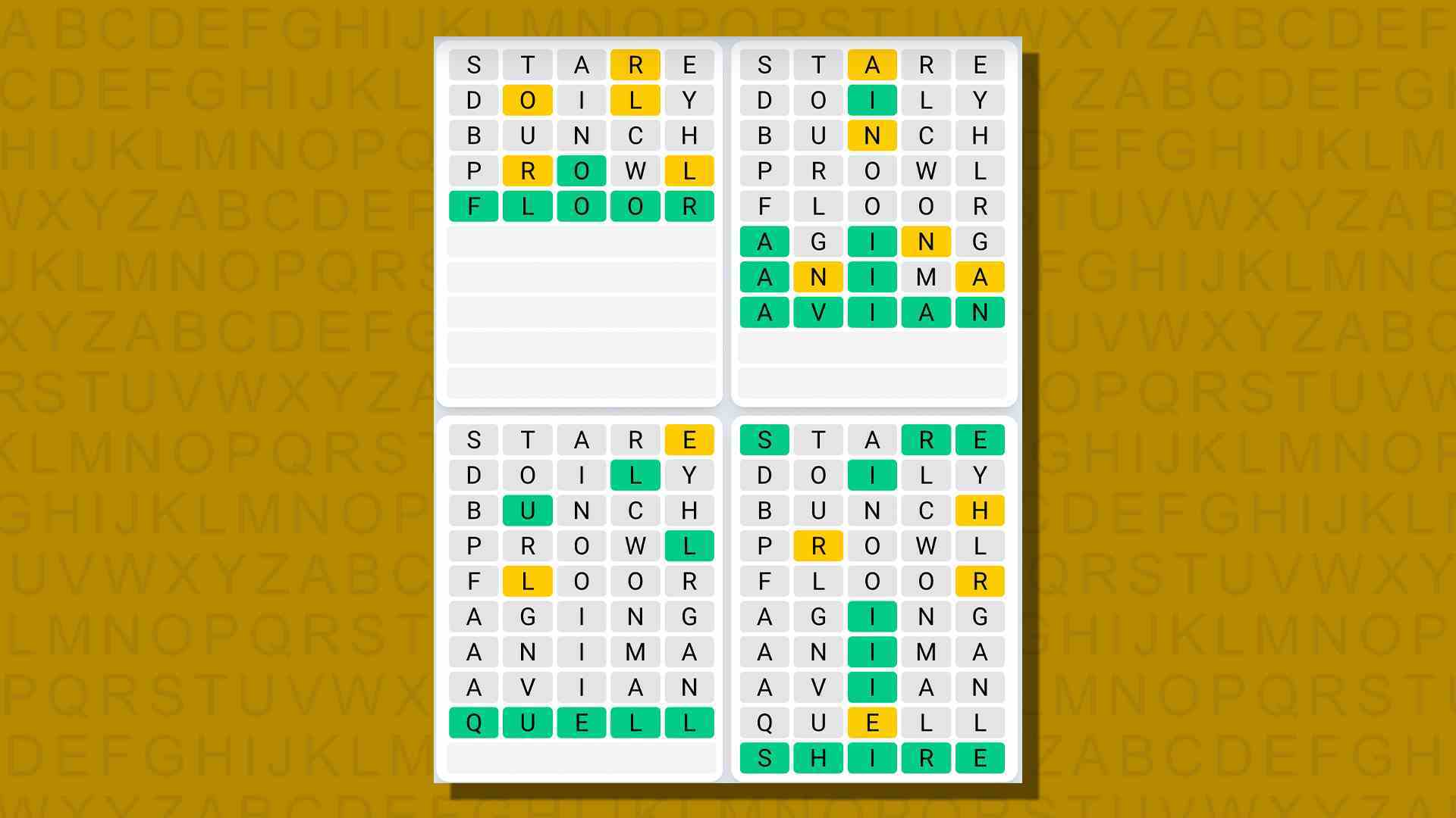 Sarı arka planda 750. oyunun Quordle günlük dizi yanıtları