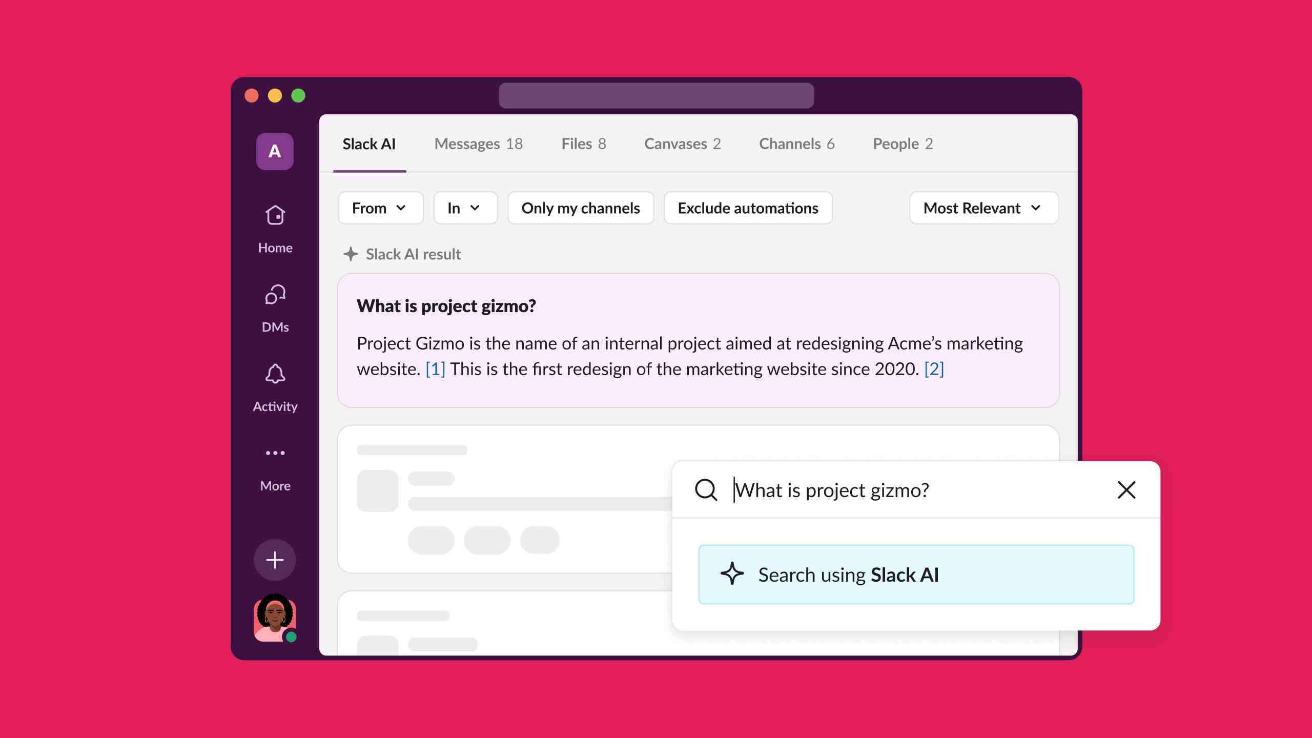 Slack AI araması, proje aletinin ne olduğunu soruyor ve Slack cevap arşivinden türetilmiş bir cevap veriyor.