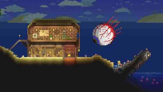 Tüm Terraria patronları: Dev bir göz, denize yakın bir evi tehdit ediyor.