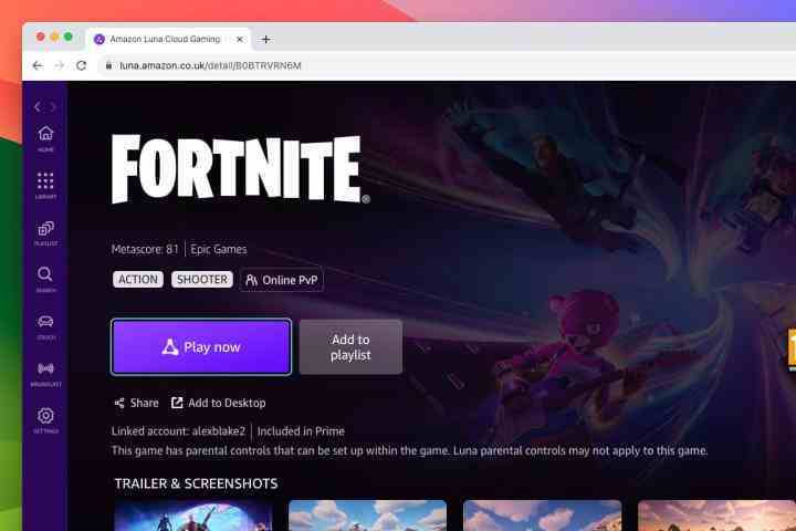 Amazon Luna, Mac'te çalışıyor ve Fortnite sayfası gösteriliyor.