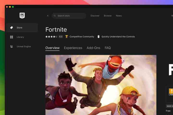 Fortnite sayfasının gösterildiği Mac'teki Epic Games Store.