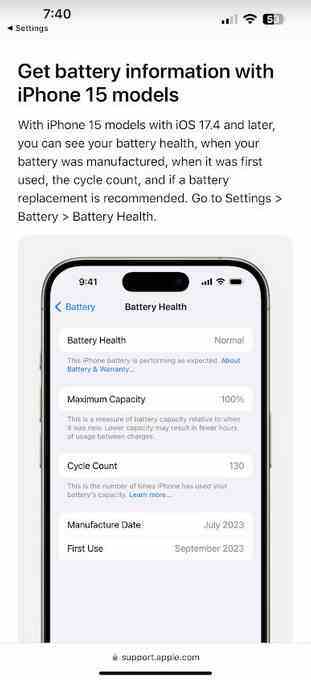 Apple, iOS 17.4 ile iPhone 15 serisindeki iPhone ayarları uygulamasının Pil Sağlığı bölümünde bir değişiklik yapıyor; iPhone 15 kullanıcıları, iOS 17.4'e güncelleme yaptıktan sonra pillerinin sağlığını bir bakışta kontrol edebilecekler