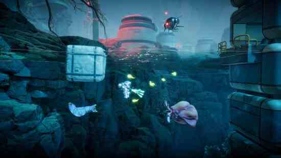 Mobius Makinesi kılavuzu: Oyuncu, terk edilmiş bir tesisin yakınındaki yabancı bir gezegendeki su altı faunasına ateş ediyor.