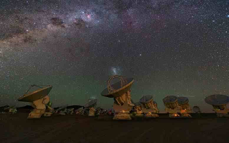 Gece Gökyüzünü Gözlemleyen Bir Grup ALMA 12-m Anten