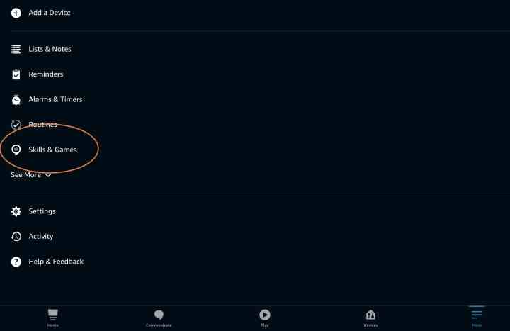 Alexa uygulamasındaki beceriler ve oyunlar bölümü.