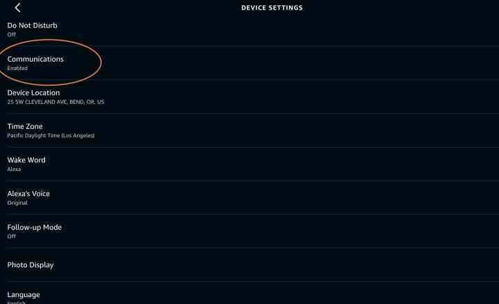 Bir Alexa cihazının İletişim bölümünü gösteriyor.