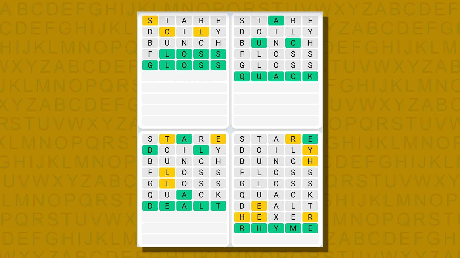 Sarı arka planda 765 numaralı oyunun Quordle günlük dizisi yanıtları