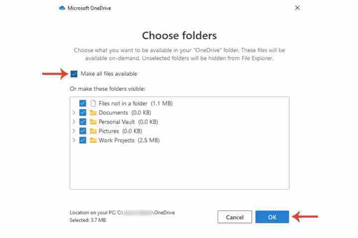 Windows 10'daki Microsoft OneDrive'daki Tüm dosyaları eşitleme için kullanılabilir yap düğmesi.