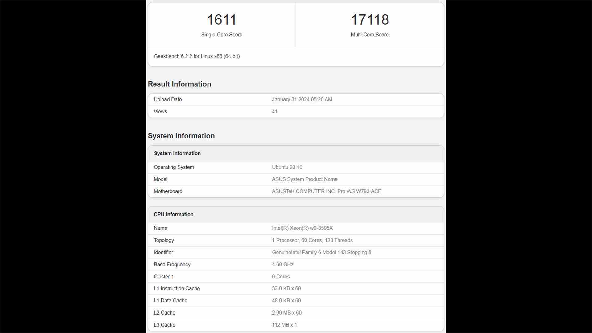 Xeon W9-3595X yenileme Geekbench 6 Listeleme