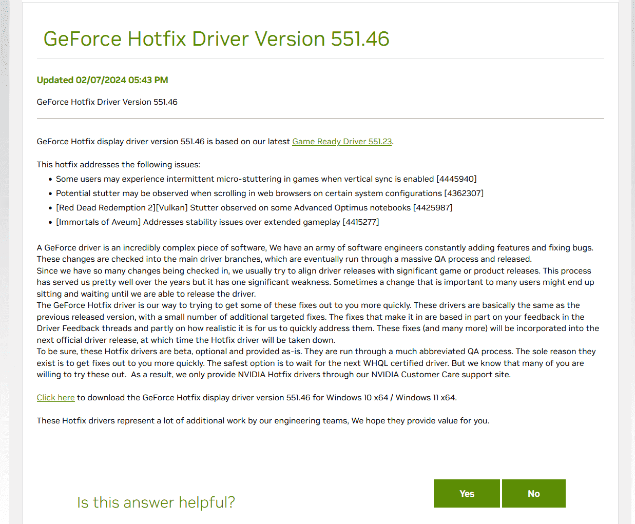 GeForce Düzeltme Sürücüsü Sürüm 551.46 Yama Notları