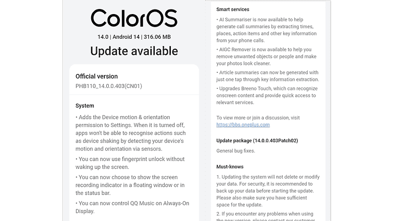 OnePlus ColorOS 14 güncellemesi