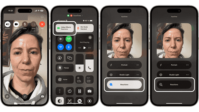 Ekran görüntüleri iPhone'daki FaceTime Reaksiyonları ayarlarını gösteriyor