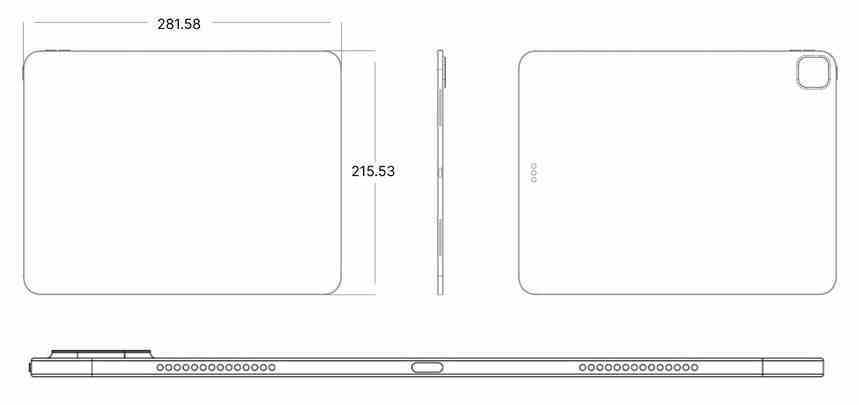 13 inç iPad Pro'nun (2024) CAD çizimi - CAD çizimleri, 2024 iPad Pro tabletleri için tanıdık ancak daha ince tasarımı ortaya koyuyor