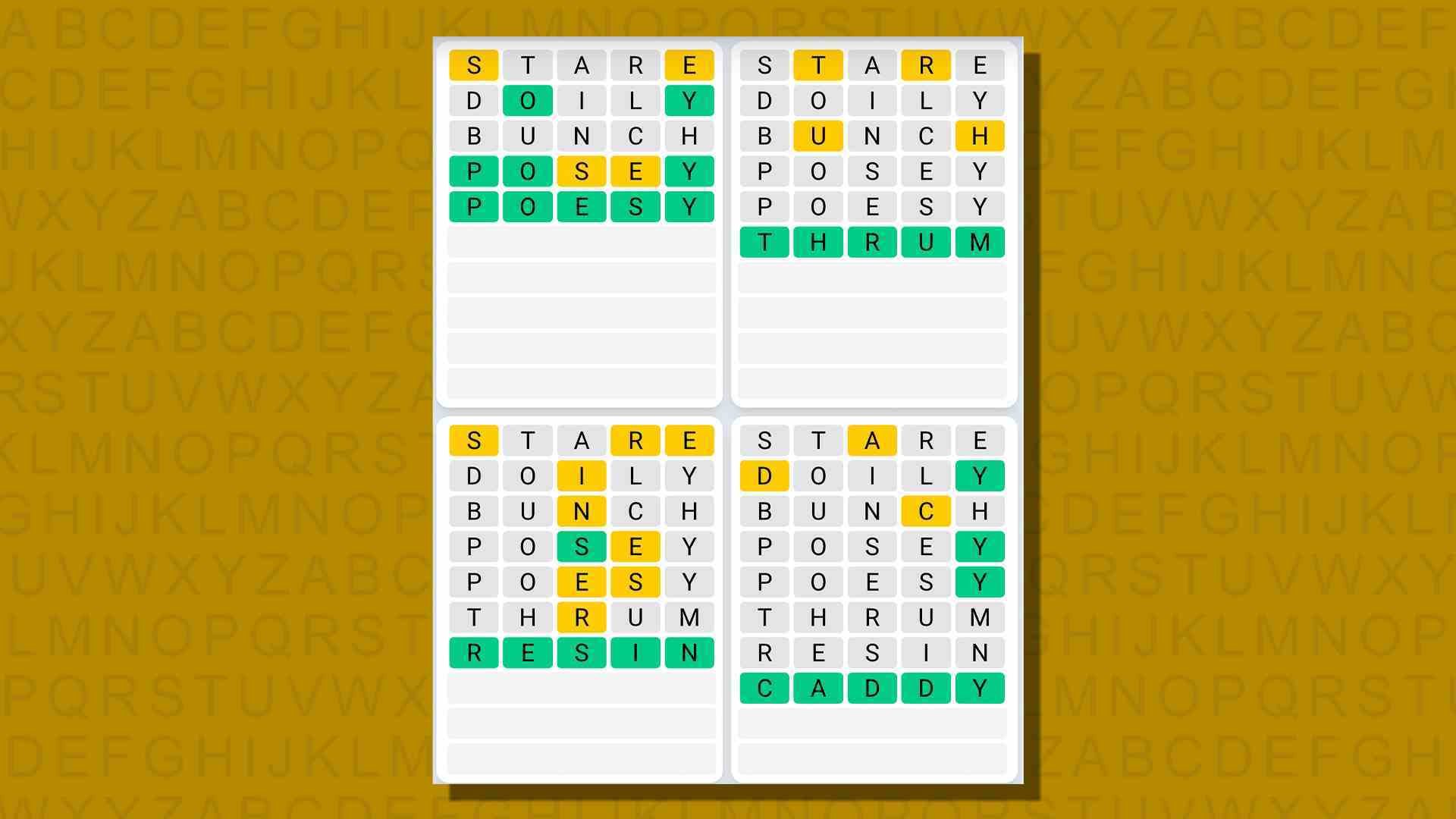 Sarı arka planda 768 numaralı oyunun Quordle günlük dizisi yanıtları