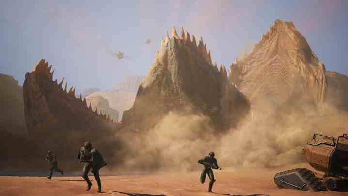 Dune: Awakening'de devasa bir kum solucanından kaçan oyuncular.
