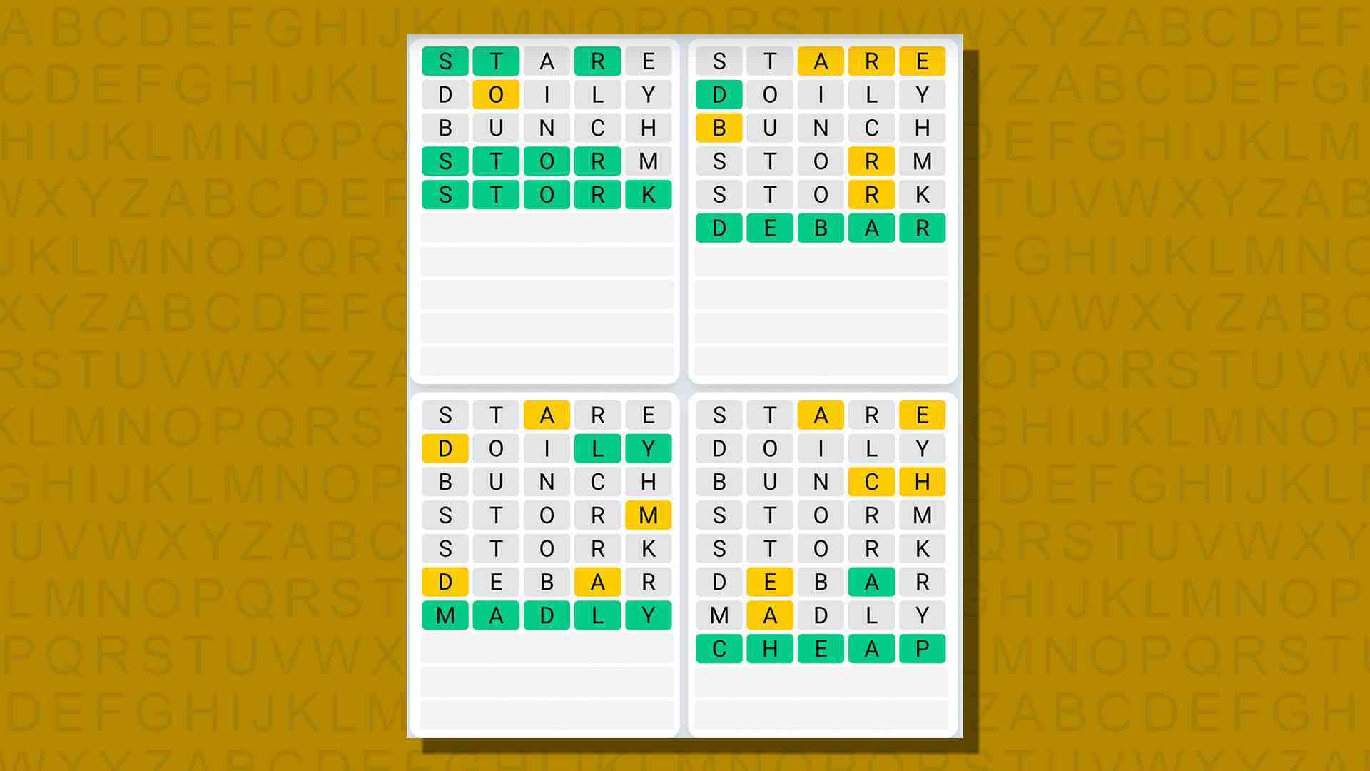 Sarı arka planda 771 numaralı oyunun Quordle günlük dizisi yanıtları