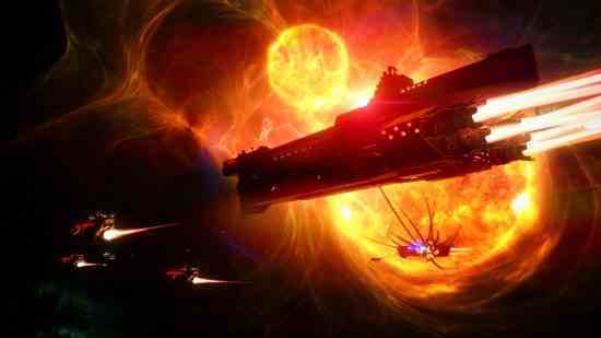 Endless Space 2 – Üç gemi uzayda dev, yanan yıldızların yanından uçuyor.