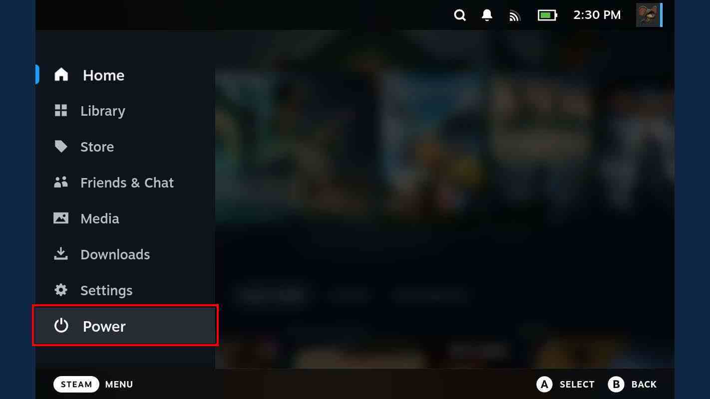 Steam Deck Gücü menüsü.