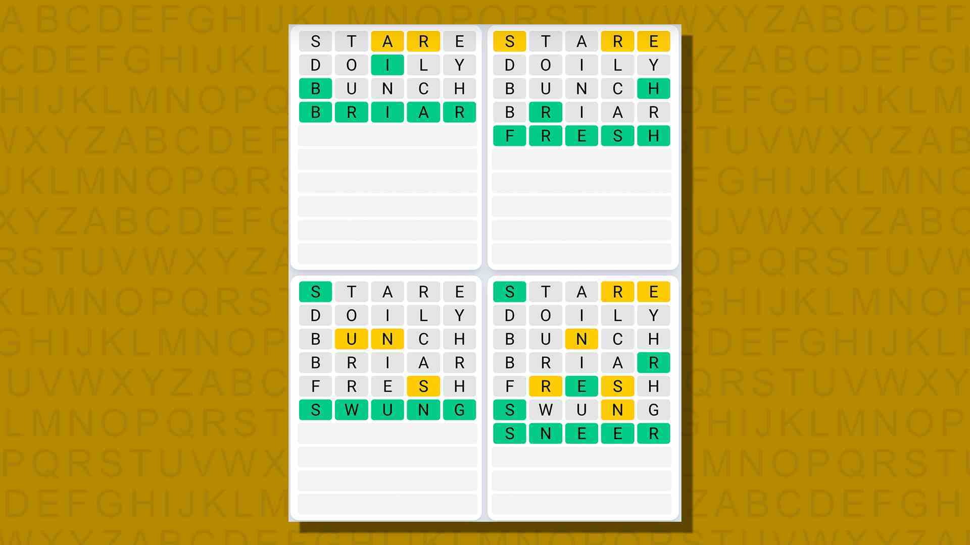 Sarı arka planda 783 numaralı oyunun Quordle günlük dizi cevapları