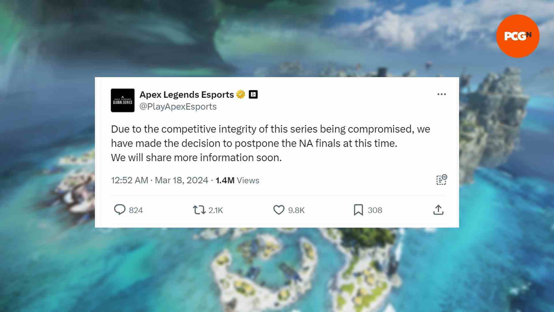 Apex Legends Twitter hesabından, rekabet bütünlüğüyle ilgili sorunlar nedeniyle ALGS NA finalinin ertelenmesi kararını tartışan bir yorum