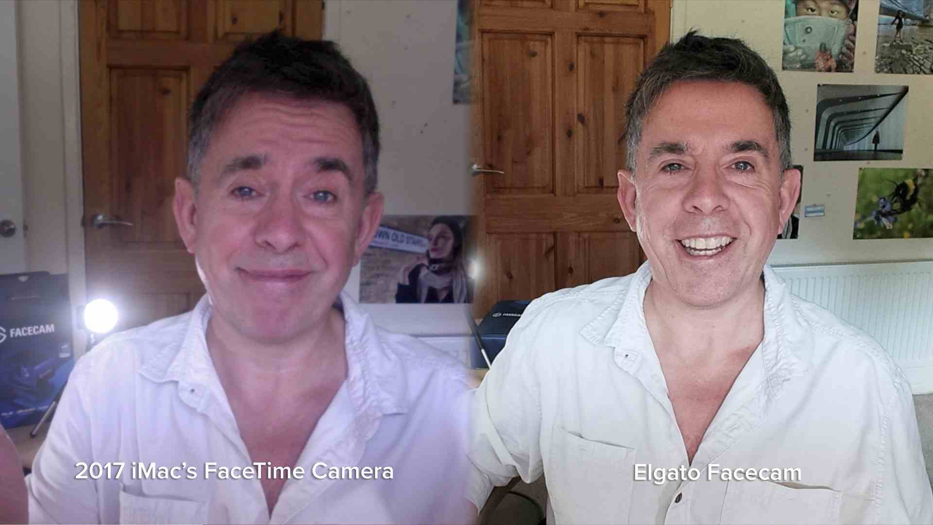 Elgato Facecam inceleme görüntüsü, ünlü yorumcu George Carins'in bir kez eski bir web kamerası aracılığıyla ve bir kez de çok daha iyi görünen Elgato Facecam ile çekilen iki fotoğrafını gösteriyor.