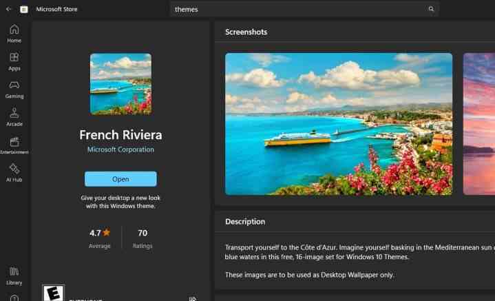 Microsoft Store'daki Fransız Rivierası temasını gösteren ekran görüntüsü.