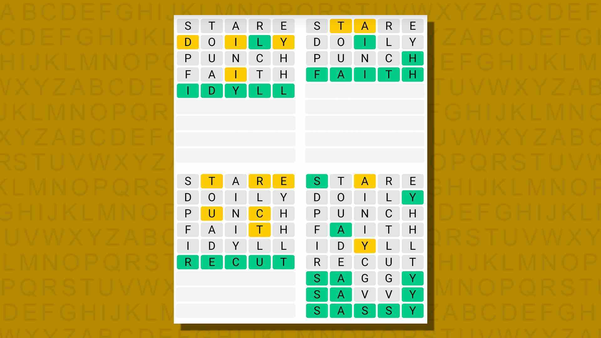 Sarı arka planda 778 numaralı oyunun Quordle yanıtları