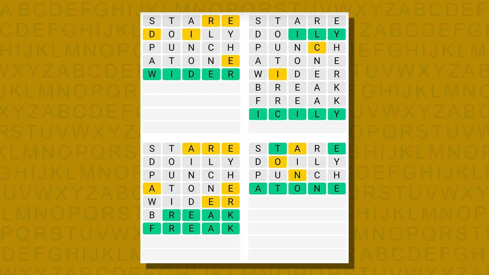 Quordle, sarı arka planda 790 numaralı oyuna yanıt veriyor