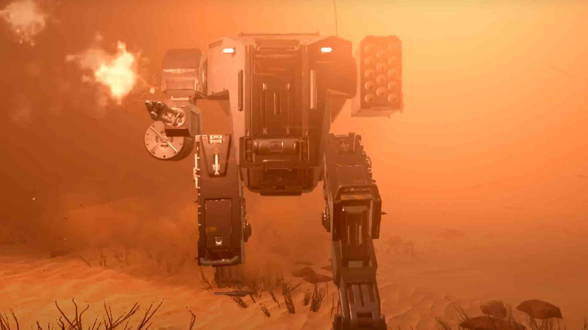 Helldivers 2'de bir makine ileri doğru ilerliyor