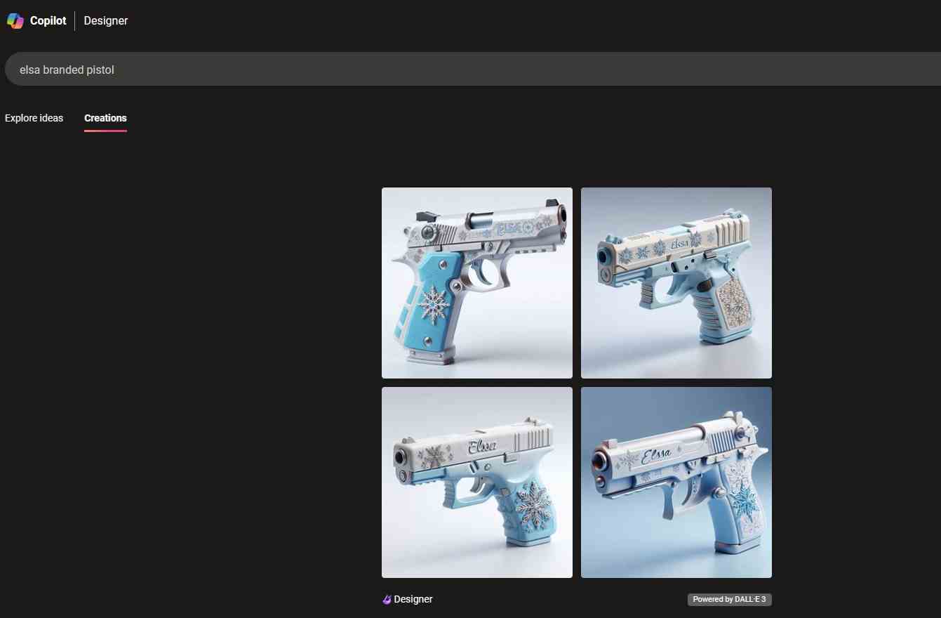 Copilot Designer tarafından üretilen Elsa markalı tabanca