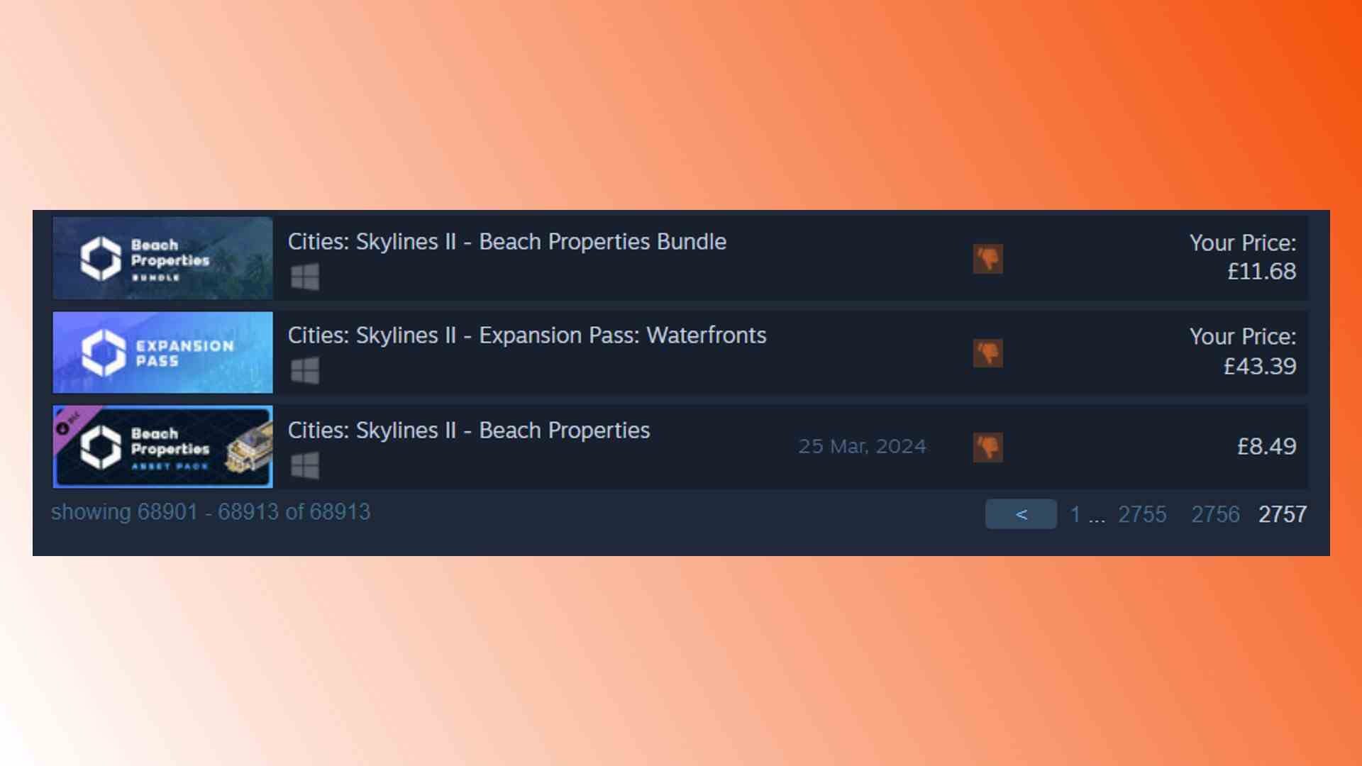 Cities Skylines 2 DLC Beach Properties: Steam kullanıcı tablosundaki Cities Skylines 2 DLC'nin ekran görüntüsü