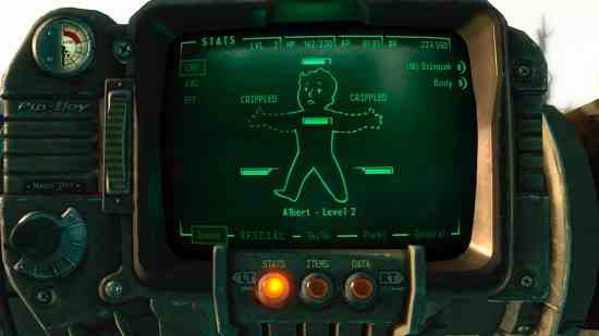 Fallout kılavuzu: Fallout 3'teki Pipboy, oyuncunun sağlığını ve kırık uzuvlarını gösteriyor.