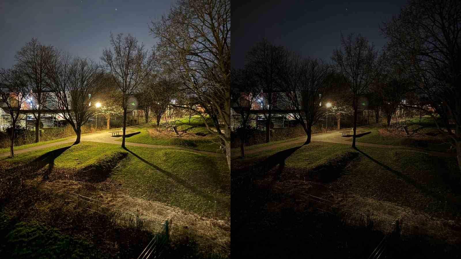 iPhone'un Gece modundaki fotoğrafları çok fazla parlaklaştırmasının klasik bir örneği (solda).  Sağda, şu şekilde düzenlendi - Pozlama, Parlaklık ve Parlaklık -50'ye, Doygunluk -25'e, Vinyet +15'e ayarlandı.  - Bu yeni iPhone kamera hileleri, fotoğraf ve video çekme şeklinizi sonsuza kadar değiştirecek!