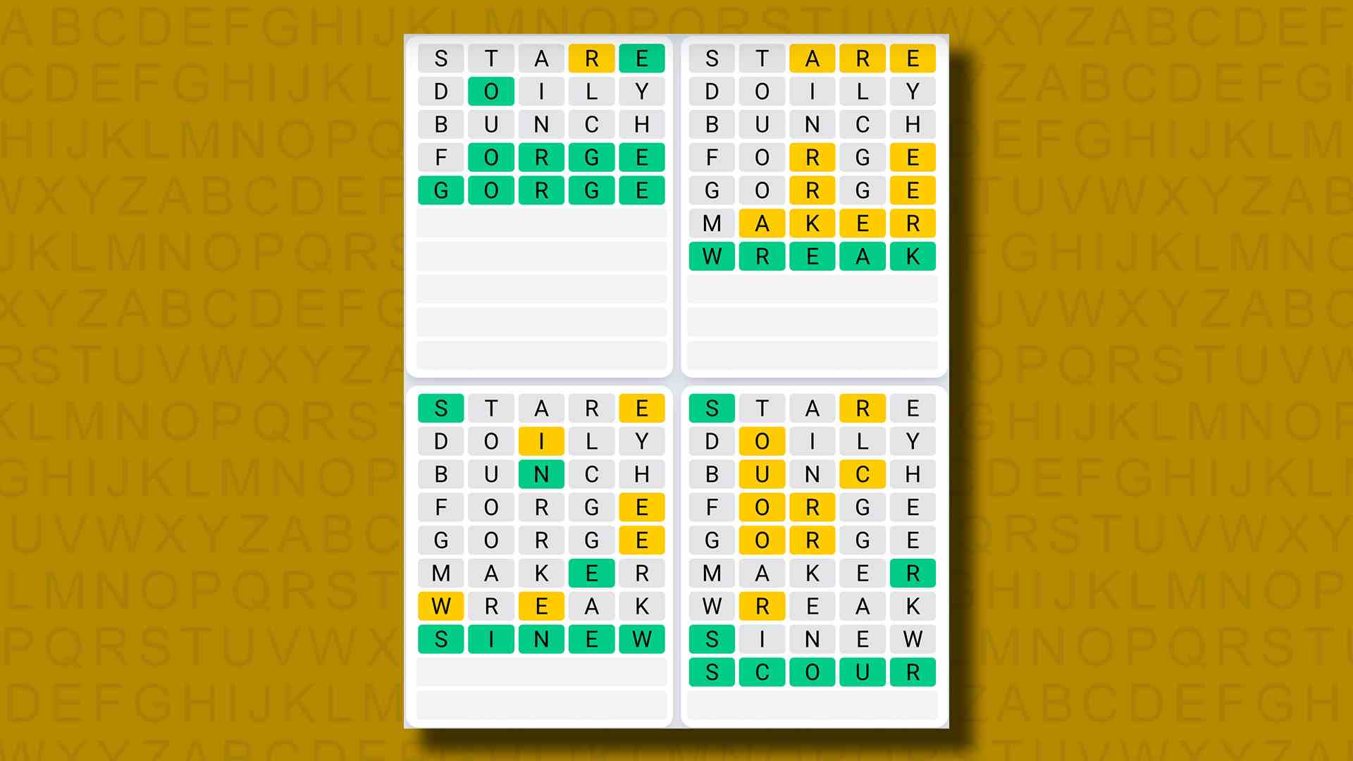 Sarı arka planda 819 numaralı oyun için Quordle günlük dizi yanıtları