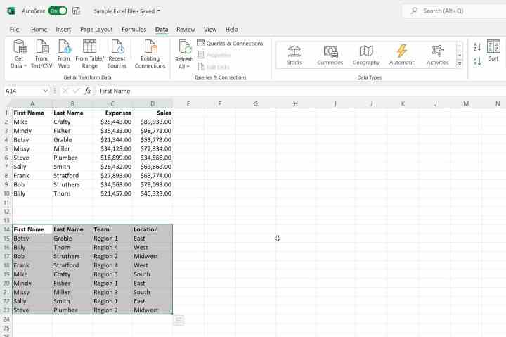 Veriler Microsoft Excel'de ilk sütuna göre alfabetik olarak sıralanmıştır.