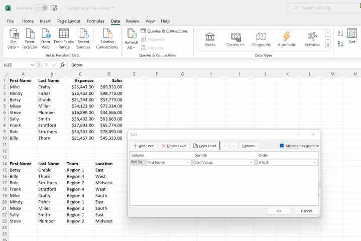 Bir tablo seçme ve Microsoft Excel'deki Sırala düğmesini kullanma.