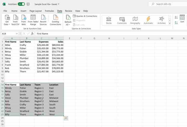 Microsoft Excel'de bir tablet seçme.